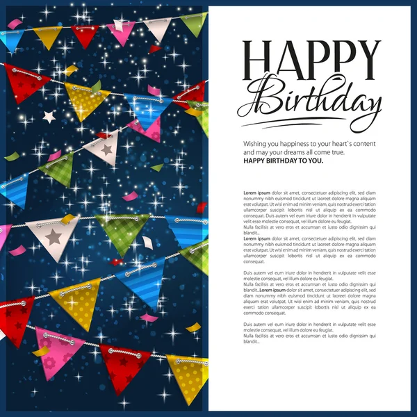 Tarjeta de cumpleaños vectorial con confeti y banderas de bunting . — Vector de stock