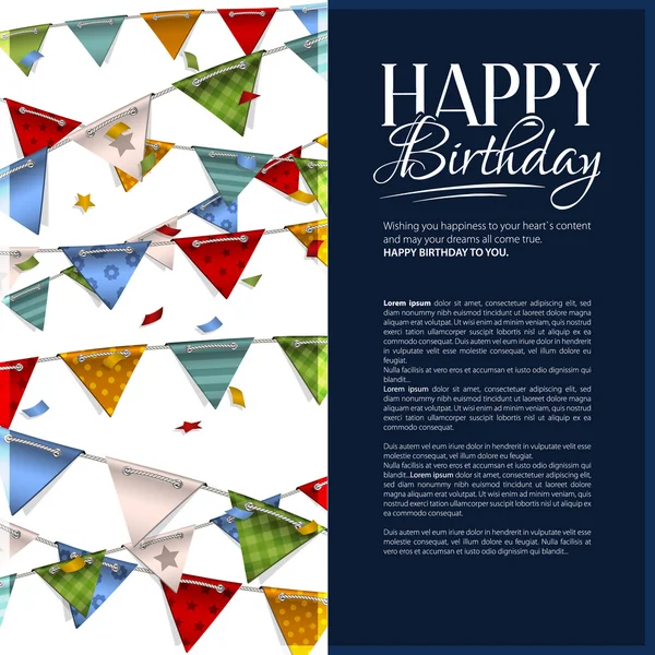 Tarjeta de cumpleaños vectorial con confeti y banderas de bunting . — Vector de stock