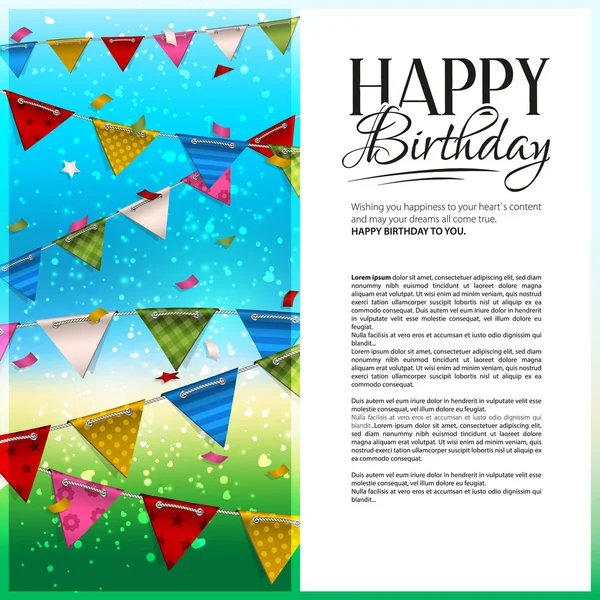 Vector birthday card with confetti and bunting flags. — Stock Vector