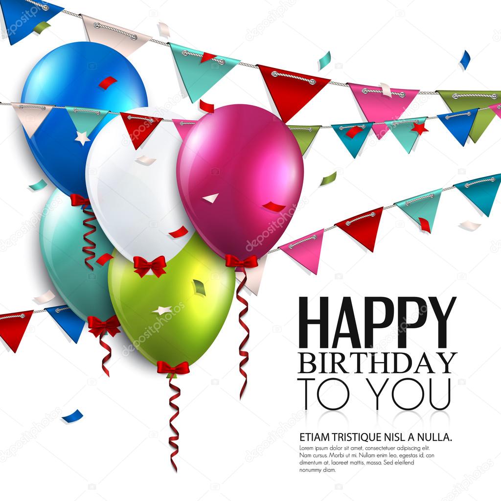 Vector birthday card with balloons and bunting flags.