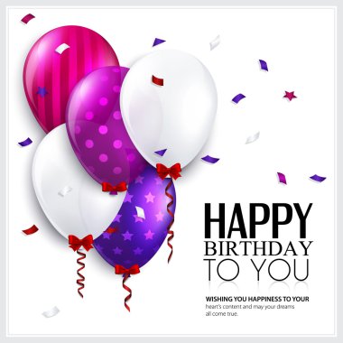 Vector birthday card with balloons and confetti. clipart
