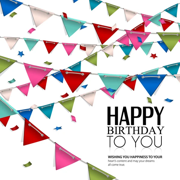 Vector birthday card with confetti and bunting flags. — Stock Vector