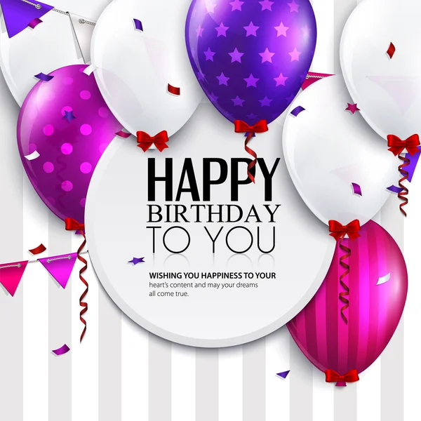 Tarjeta de cumpleaños vectorial con globos y banderas de bunting sobre fondo de rayas . — Vector de stock
