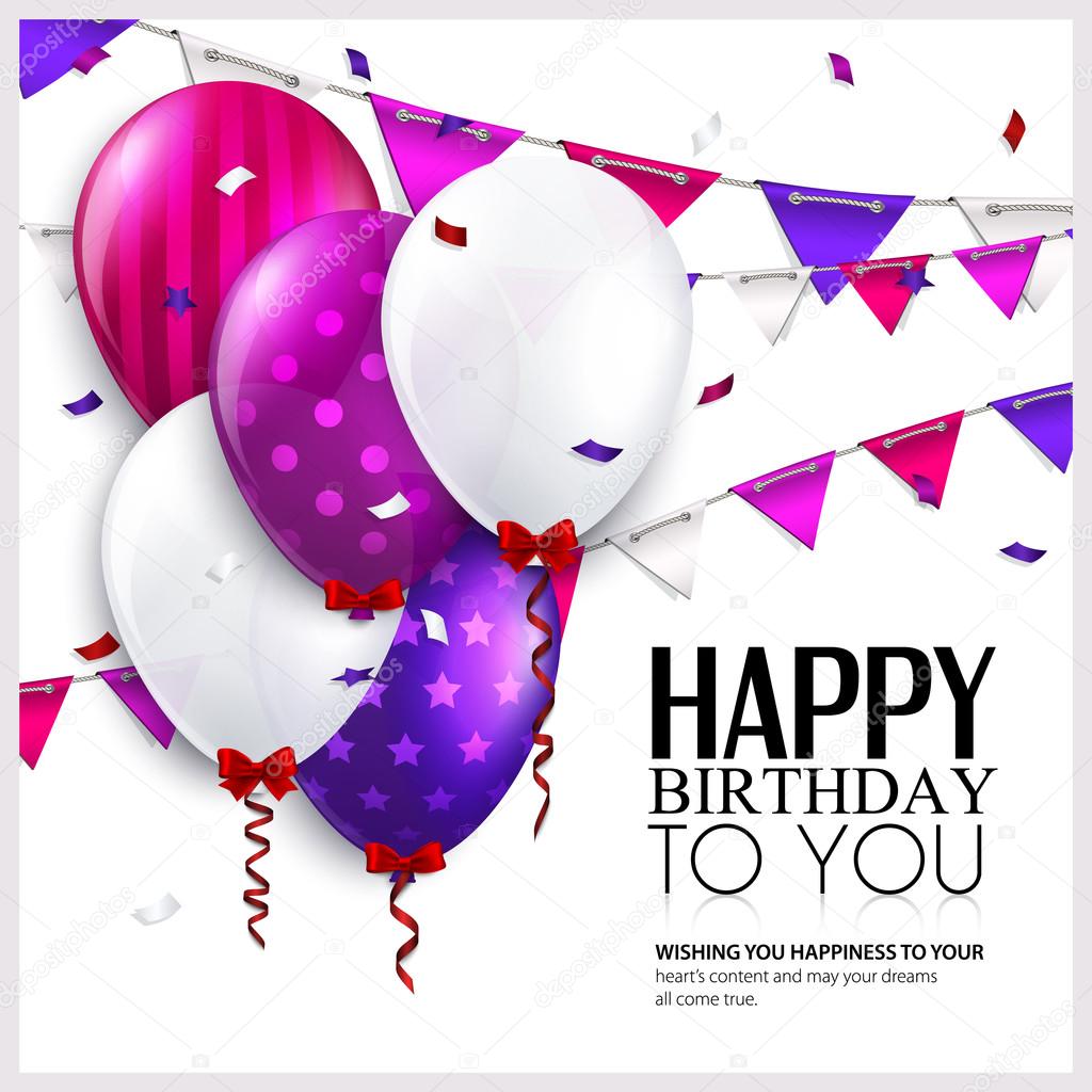 Vector birthday card with balloons and bunting flags.