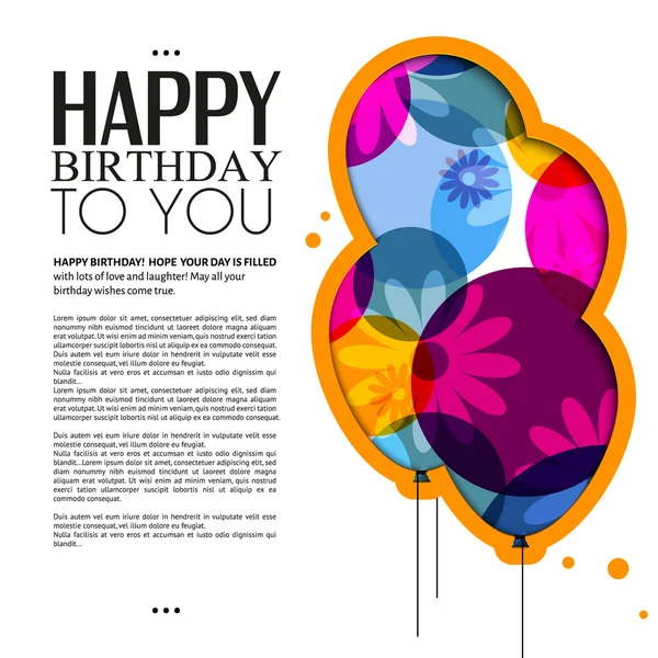 Vector birthday card with color balloons, flowers and text. — Stock Vector