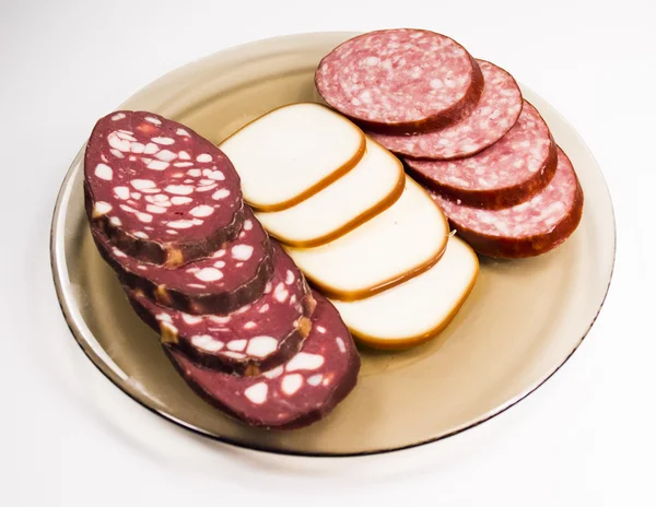 Juicy sausage and smoked cheese — Stock Photo, Image