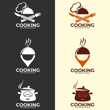 Logo pişiriyorum. Mönü restoranı için simge ya da sembol. Yemek pişirme kursu için grafik logo şablonu. Vektör İllüstrasyonu