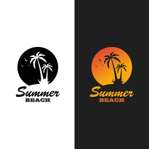 Sommerlogos Sonnenuntergang Und Palme Sonnenuntergang Sonne Und Meer Zeichen Der — Stockvektor