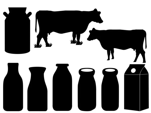 Koe silhouet en melk flessen — Stockvector