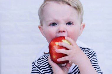 Kırmızı, sulu ve olgun elma yiyen sevimli çocuk. Çocuk zevkle lezzetli bir elma yer. Kopyalama alanı - çocuklar için sağlıklı gıda konsepti, organik gıda, meyve, vejetaryenlik