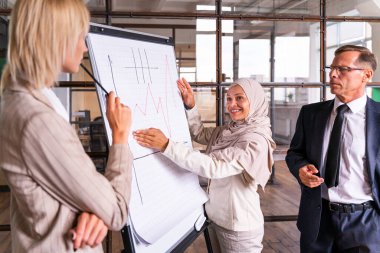 Stratejik pazarlama planı için ofiste çok ırklı iş adamları toplanıyor. Ofis çalışanları, girişimciler ve çok uluslu bir şirkette çalışan şirket çalışanları.