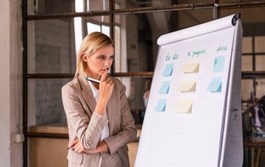 Bir şirkette çalışan zarif resmi elbiseli güzel genç bir iş kadını.