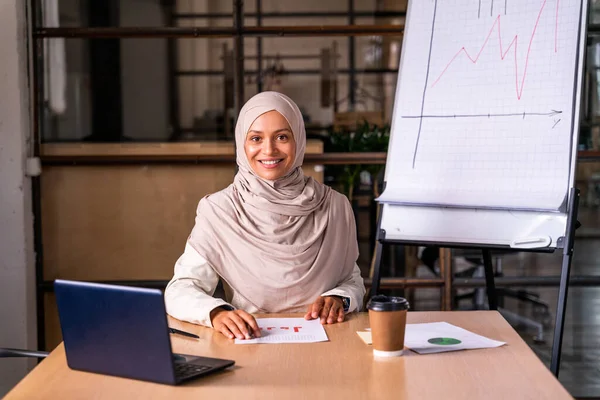 Krásná Středovýchodní Podnikatelka Nosí Hidžáb Pracuje Své Kanceláři — Stock fotografie