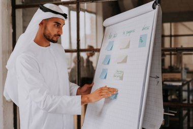 Arap işadamı Dubai 'deki uluslararası bir şirkette geleneksel emirlik kandurası giyiyor.