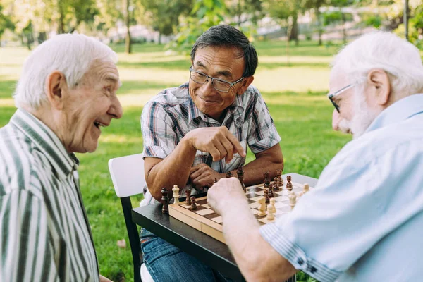 Grupo Amigos Seniores Jogar Xadrez Parque Conceitos Estilo Vida Sobre — Fotografia de Stock
