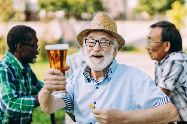 Grupo Amigos Seniores Beber Uma Cerveja Parque Conceitos Estilo Vida — Fotografia de Stock