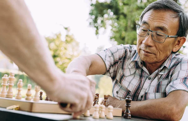 Group Senior Friends Playing Chess Game Park Lifestyle Concepts Seniority — Stock Photo, Image