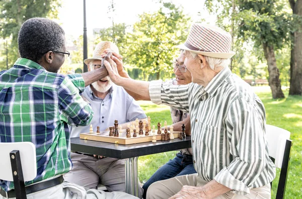 Egy Csapat Idősebb Barát Sakkozik Parkban Életmód Fogalmak Szenioritásról Harmadik — Stock Fotó