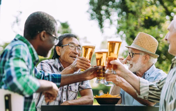 Grupo Amigos Seniores Beber Uma Cerveja Parque Conceitos Estilo Vida — Fotografia de Stock