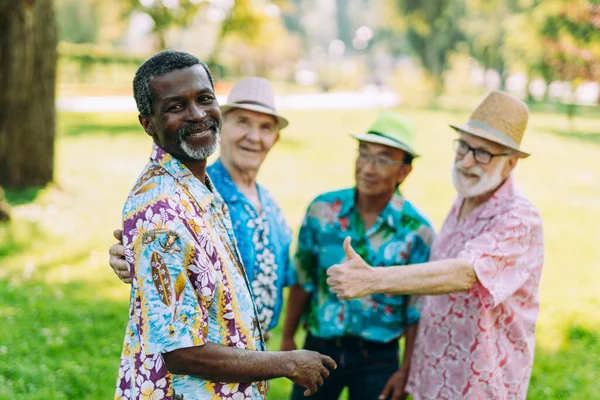 Grupo Amigos Seniores Jogando Parque Conceitos Estilo Vida Sobre Antiguidade — Fotografia de Stock
