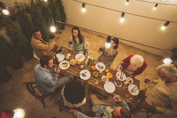 Storytelling Footage Multiethnic Group People Dining Rooftop Family Friends Make — Stock Photo, Image