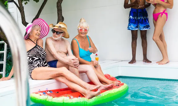 Happy Seniors Having Party Swimming Pool Elderly Friends Pool Party — Stock Photo, Image