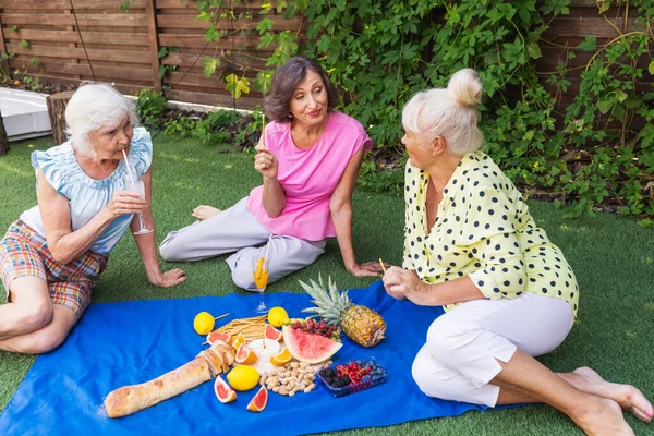 Mulheres Sênior Bonitas Relaxando Casa Jardim Três Senhoras Bastante Maduras — Fotografia de Stock
