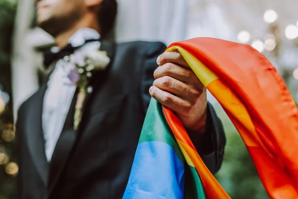 Homosexuální Pár Slaví Vlastní Svatbu Lbgt Pár Svatebním Obřadu Koncepce — Stock fotografie