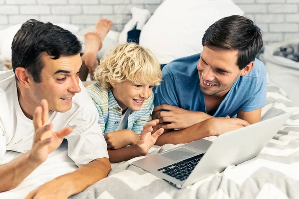 Lgbt Family Gay Couple Adopted Son Homosexual Parents Kid Having — Stock Photo, Image