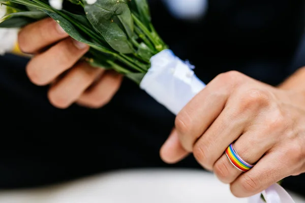 Ομοφυλόφιλο Ζευγάρι Γιορτάζει Δικό Του Γάμο Lbgt Ζευγάρι Στην Τελετή — Φωτογραφία Αρχείου