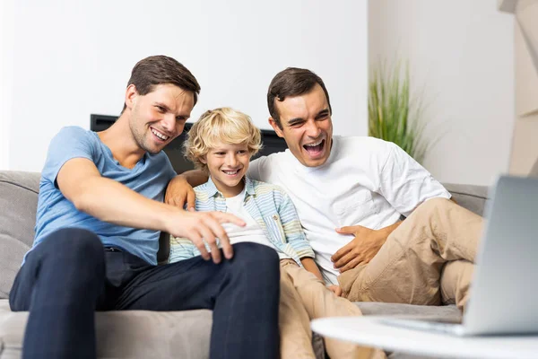 Lgbt Family Gay Couple Adopted Son Homosexual Parents Kid Having — Stock Photo, Image