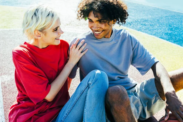 Interracial Young Couple Dating Outdoors Colored Modern Urban Background Multiethnic — Stock Photo, Image