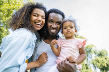 Güzel, mutlu, Afro-Amerikan ailesi parkta kaynaşıyor.