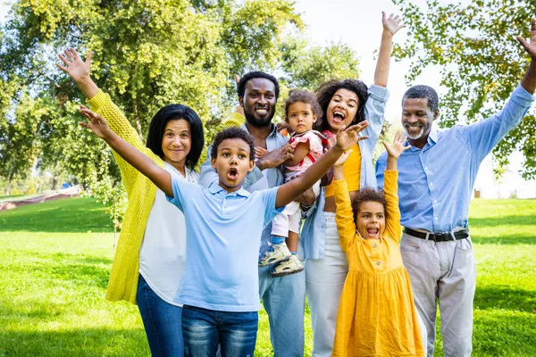 Schöne Glückliche Afrikanisch Amerikanische Familienbande Park Schwarze Familie Hat Spaß — Stockfoto