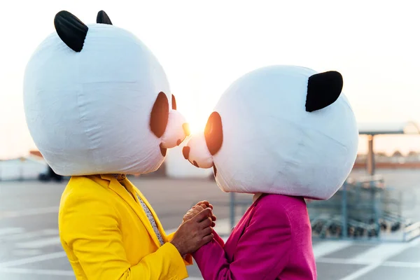 Storytelling Image Couple Wearing Giant Panda Head Colored Suits Man — Stock Photo, Image