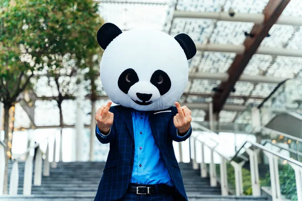 Fortellingsbilde Forretningsmann Med Gigantisk Pandahode – stockfoto