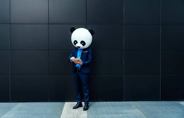 Immagine Narrativa Uomo Affari Che Indossa Una Testa Panda Gigante — Foto Stock