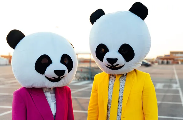 Imagen Narrativa Una Pareja Que Lleva Una Cabeza Panda Gigante —  Fotos de Stock