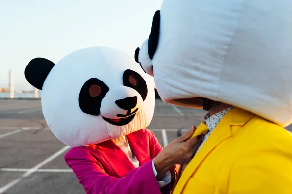 Mesemondó Kép Egy Párról Akik Hatalmas Pandafejet Színes Öltönyt Viselnek — Stock Fotó