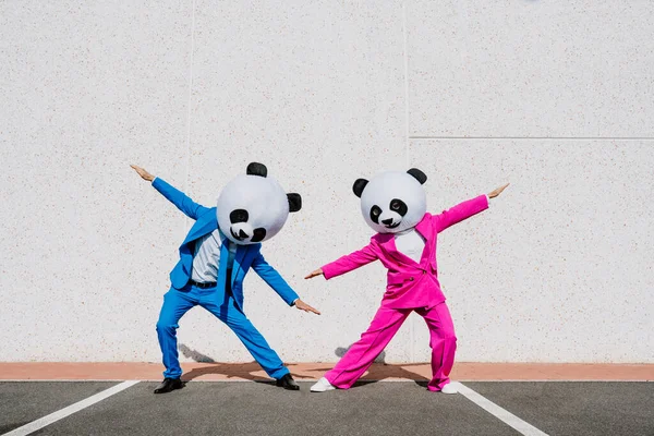 Storytelling Bild Eines Paares Mit Riesigen Panda Kopf Und Farbigen — Stockfoto