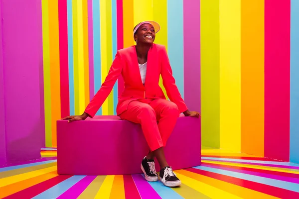 Beautiful African American Young Woman Dancer Having Fun Rainbow Box — Stock Photo, Image