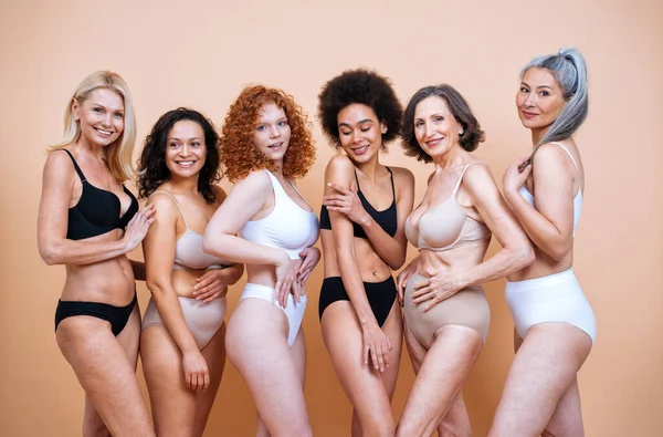 Farklı yaş, ten ve vücutta vücut pozitifliği için poz veren bir grup kadının güzel görüntüsü. Renkli arka planlarda iç çamaşırlı kadın modeller.