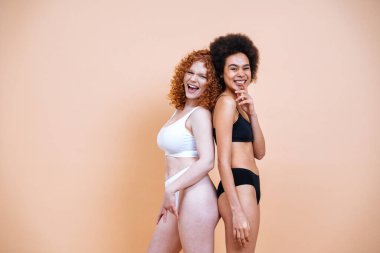Stüdyoda pozitiflik için poz veren farklı ten ve vücuda sahip iki genç kadının güzel görüntüsü. Renkli arka planlarda iç çamaşırlı kadın modeller.