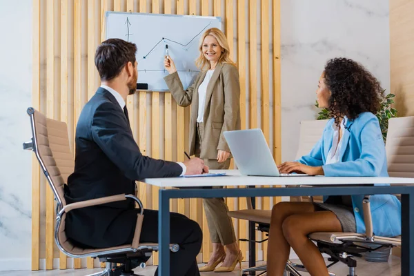 Grupo Multirracial Empresários Com Vestido Elegante Sentado Mesa Computador Escritório — Fotografia de Stock