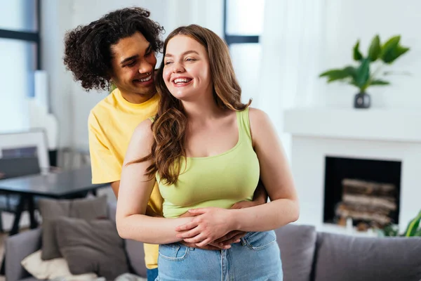 Modern Multiethnic Unstereotyped Couple Lifestyle Moments Home Stereotyped Boyfriend Girlfriend — Stock Photo, Image