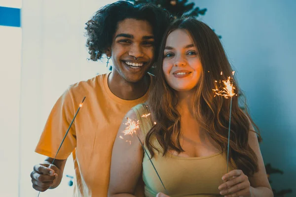 Modern Multiethnic Unstereotyped Couple Celebrating Holidays Stereotyped Boyfriend Girlfriend Together — Stock Photo, Image