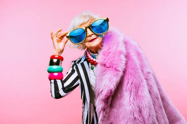 Happy Funny Cool Old Lady Fashionable Clothes Portrait Colored Background — Stock Photo, Image