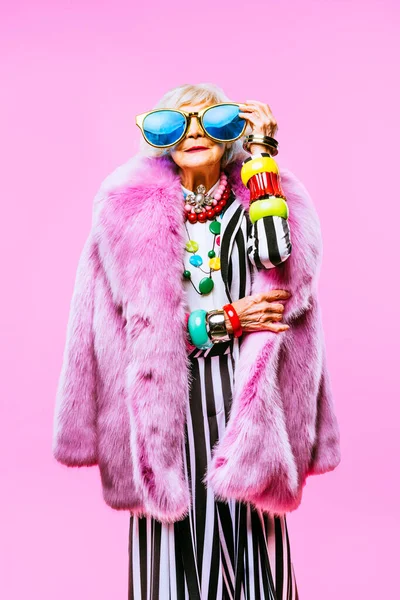 Happy Funny Cool Old Lady Fashionable Clothes Portrait Colored Background — Stock Photo, Image