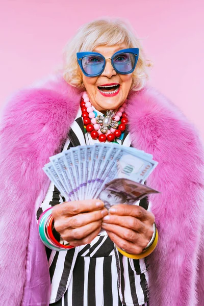 Happy Funny Cool Old Lady Fashionable Clothes Portrait Colored Background — Stock Photo, Image
