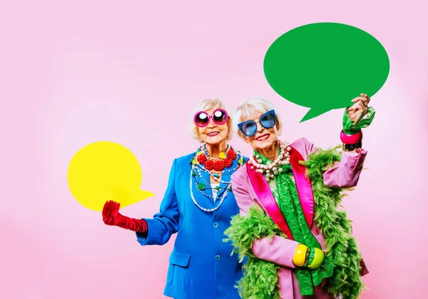 Happy Funny Cool Old Ladies Fashionable Clothes Portrait Colored Background — Fotografia de Stock